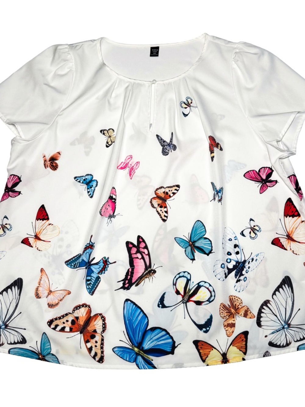 Shein Curve Women 3XL Butterfly Print Keyhole Neck Short Sleeve Blouse White - Picture 4 of 11